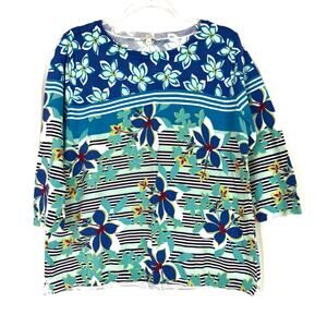 Talbots Outlet | Blue Floral 3/4 Sleeve Pullover Sweater 100% Cotton Women Large